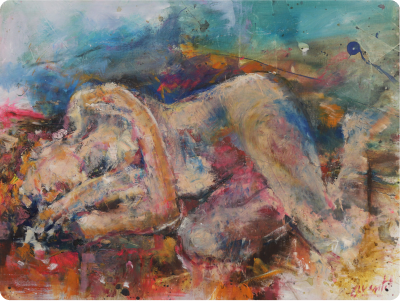 Photo d'une toile de peinture faite par Pierre Quentel, dans ce tableau on voit une femme allongée et entourée par des couleurs