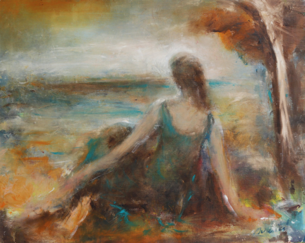 Photo utilisée pour la page boutique de l' artiste peintre Pierre Quentel, dans cette photo on voit un tableau fait avec de l'huile réalisé par le peintre, dans ce tableau on voit une femme assise sur la plage le dos tourné vers nous, entrain de regarder l'horizon, et elle pose sa main sur son pied