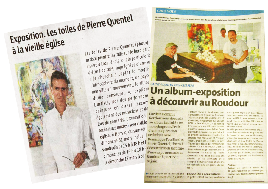 photo pour la page la presse en parle de l' artiste breton Pierre Quentel, dans cette photo on trouve deux articles de journal, en papier, anciens, avec les photos de pierre