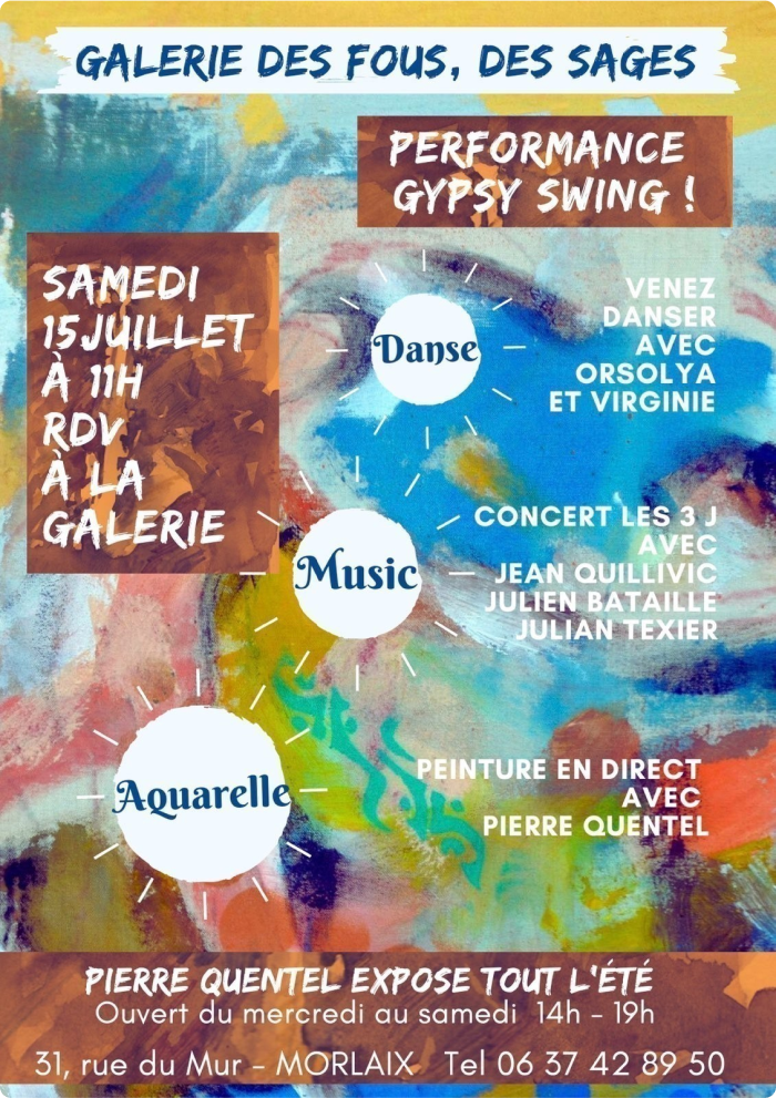 Affiche utilisée dans la page des actualités du peintre à brest Pierre Quentel, cette affiche est faite pour annoncerla performance en direct de pierre quentel et de Orsolya la danseuse ainsi que le groupe des musicien Les Trois J