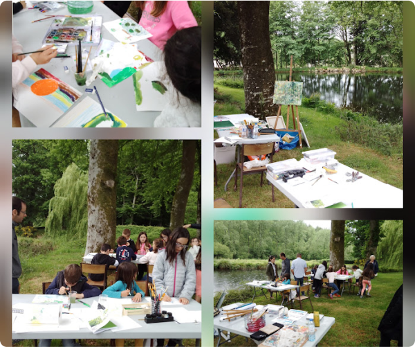 Photo prise lors de l'atelier du plasticien Pierre Quentel pendant la fete de la nature, dans cette photo on voit un collage de plusieurs photo des enfant autour des tables entrain de faire de la peinture