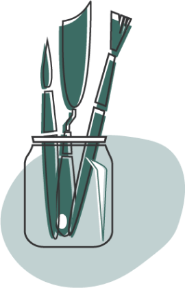Icone réalisée pour la page d'accueil de Pierre Quentel, et cette icone illustre un bocal en verre et on trouve dedans deux pinceaux de style différent et un couteau utilisé pour la peinture à huile 